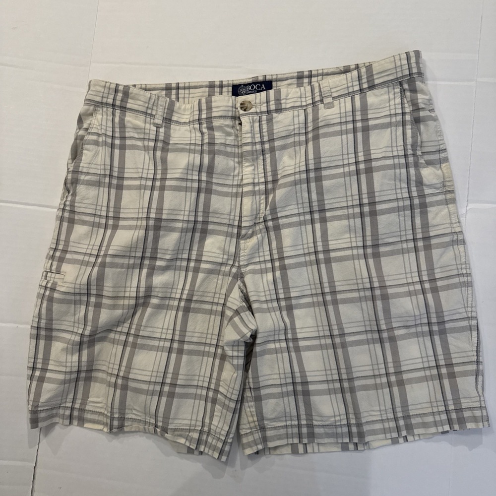 Boca Classics Men's Shorts Size 40 Gray Plaid Slash Pockets 100% Cotton Classic